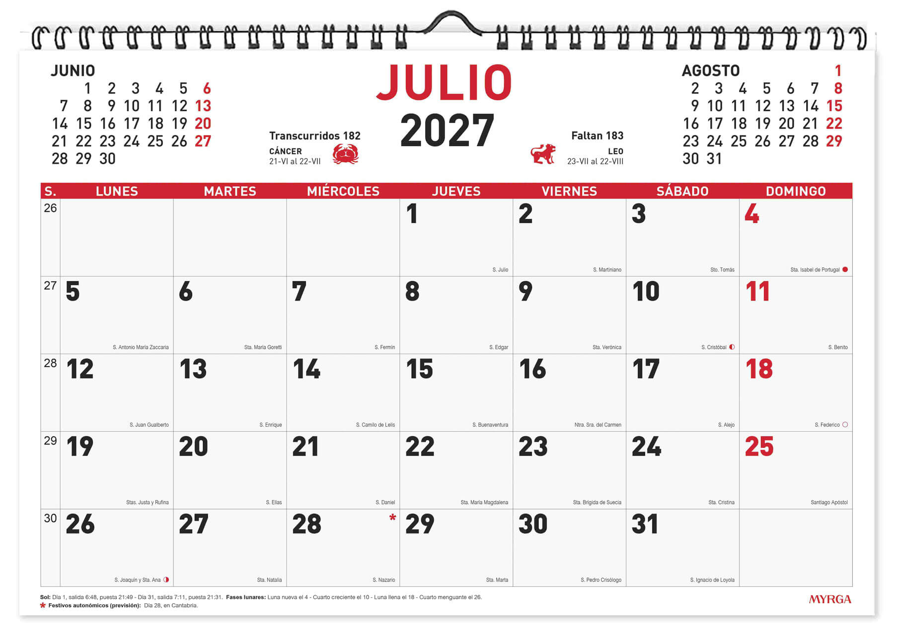 CALENDARIO 2027 PARED MYRGA 43x31 ESPIRAL 1546